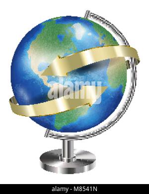 Planète terre monde globe avec flèche d'or autour de Illustration de Vecteur