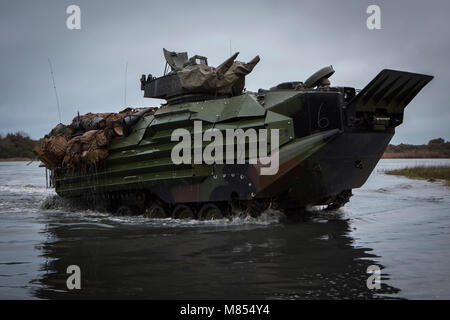 Les Marines américains avec 2e bataillon amphibie Assault (AABN 2d), 2e Division de Marines (2d MARDIV), effectuer un mouvement amphibie à bord d'un AAV-7A1 véhicule amphibie d'agression au cours de l'unité de combat du Corps des Marines (évaluation d'État MCCRE) sur Camp Lejeune, N.C., 12 mars 2018. L'MCCRE est une évaluation de la formation pré-déploiement conçu pour tester les compétences de Marines et de marins avec des scénarios de combat possible. (U.S. Marine Corps photo par Lance Cpl. Christian J. Robertson) Banque D'Images