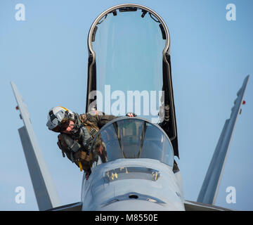 Le lieutenant de la Marine américaine Matthew Warshaw, un escadron d'avions de combat interarmées (VFA) 115 F/A-18E Super Hornet pilote, monte dans le cockpit avant une sortie conjointe avec le F-16 Fighting Falcon à Misawa Air Base, Japon, le 28 février. En 2018. VFA-115 récemment déménagé à MCAS Iwakuni à partir de la Naval Air Facility Atsugi en novembre 2017, ce qui a amélioré les possibilités d'intégration avec le U.S. Marine Corps et les unités d'aviation des Forces aériennes du Pacifique. (U.S. Photo de l'Armée de l'air par le sergent. Deana Heitzman) Banque D'Images