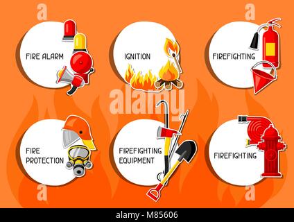 Des autocollants avec les éléments de lutte contre les incendies. L'équipement de protection incendie Illustration de Vecteur