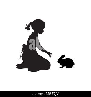 Silhouette fille assise genoux vous attireront le lapin. Vector illustration Illustration de Vecteur