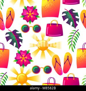 Modèle sans couture d'été avec des éléments colorés. Soleil, feuilles de palmier et des sacs Illustration de Vecteur