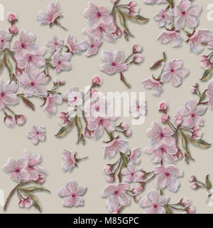 Une couronne de fleurs. Amande pomme Fleurs de Printemps Sakura. Couronne arrière-plan transparent aquarelle texturé. Banque D'Images