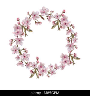 Couronne de fleurs isolé sur fond blanc. Fleurs de Printemps, peinte à l'Aquarelle. Sakura Blossom châssis circulaire avec copie espace texte. Banque D'Images