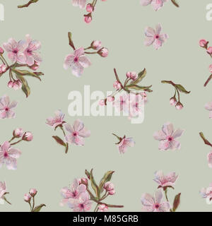 Motif de fleurs sur fond beige. Pomme, cerise amande, fleurs de printemps, peinte à l'Aquarelle. Motif florale isolé sur fond beige. Banque D'Images