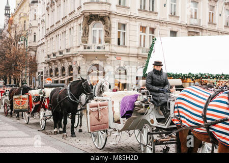 Noël à Prague. Les chevaux à des chariots et coachman vous attendent les touristes sur la place principale de Prague pendant les vacances de Noël Banque D'Images