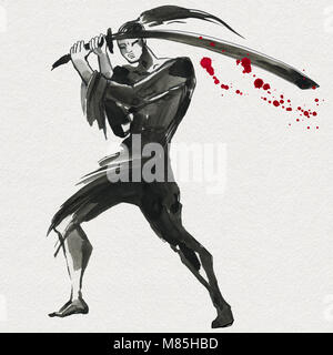 Silhouette samouraï. Style Chinois. Peinture à la main à l'Aquarelle illustration Banque D'Images