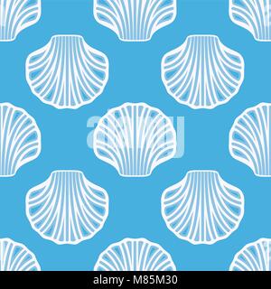 Vector sea shell seamless background. blanc seashell symboles sur fond bleu de l'océan. animal pétoncles pictogramme. télévision simple graphique style Illustration de Vecteur