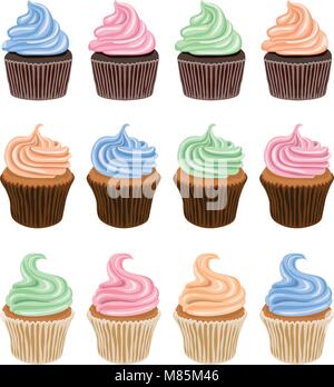 Vector set d'icônes cupcake colorées isolé sur fond blanc. collection de dessert, anniversaire et gâteau fruits cupcakes muffins avec de la crème. Illustration de Vecteur