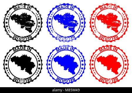 Fabriqué en Belgique - timbres en caoutchouc - vecteur, Belgique Carte - noir, bleu et rouge Illustration de Vecteur