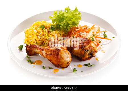 Pilons de poulet rôties et légumes riz blanc Banque D'Images