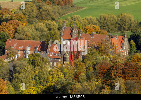 Vue aérienne, château Heessen dans les feuilles d'automne, internat, château à douves, Hamm, Ruhr, Rhénanie du Nord-Westphalie, Allemagne, Europe, les oiseaux-lunettes vie Banque D'Images