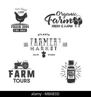 Marché de producteurs, l'alimentation biologique, l'éco logo Set de badges. L'étiquette des produits frais et locaux. Farm Fresh insignes. Aliments biologiques Typographic logo en noir style. Isolé sur blanc. Vector patches. Illustration de Vecteur