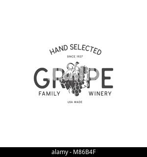 Magasin de vins, la cave de la famille modèle logo concept. Feuille de vigne, et typographie design. Vecteur Stock emblème de winery, wine shop logotype, store isolé sur fond blanc Illustration de Vecteur