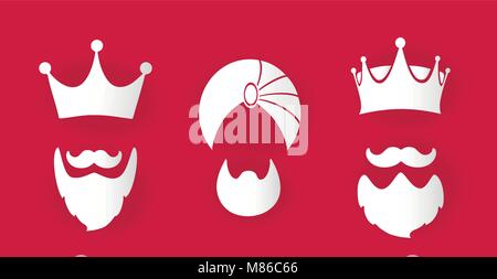 Image avec les trois couronnes et les moustaches, tradition latine du 6 janvier, jour de la sage rois de l'Est. jour des trois rois, Reyes Magos Illustration de Vecteur