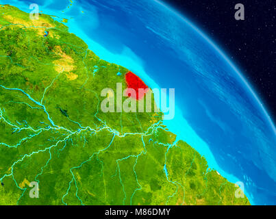Vue de l'espace de la Guyane française en rouge sur la planète Terre. 3D illustration. Éléments de cette image fournie par la NASA. Banque D'Images