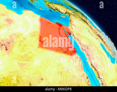 Vue de l'espace de l'Égypte a souligné en rouge sur la planète Terre. 3D illustration. Éléments de cette image fournie par la NASA. Banque D'Images