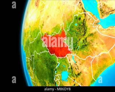 Le Soudan du Sud comme vu de l'orbite de la terre sur la planète Terre en rouge avec bordures visibles. 3D illustration. Éléments de cette image fournie par N Banque D'Images