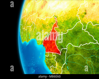 Le Cameroun comme vu de l'orbite de la terre sur la planète Terre en rouge avec bordures visibles. 3D illustration. Éléments de cette image fournie par la NASA Banque D'Images