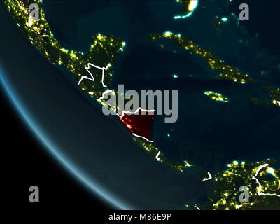 Vue Satellite du Nicaragua a souligné en rouge sur la planète Terre la nuit avec des filets et les lumières de la ville. 3D illustration. Éléments de cette image di Banque D'Images