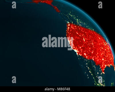 Vue de l'orbite des USA la nuit surligné en rouge sur la planète Terre avec des textures de surface très détaillées. 3D illustration. Éléments de cette image fournie Banque D'Images