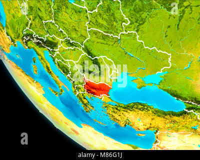 La Bulgarie a mis en évidence en rouge sur la planète Terre avec des frontières visibles. 3D illustration. Éléments de cette image fournie par la NASA. Banque D'Images