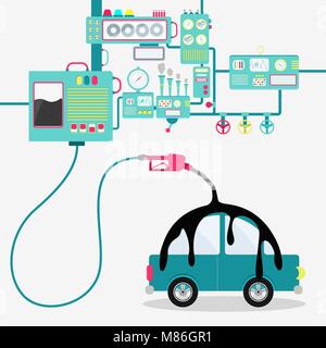 L'usine de machines ou d'huile de raffinage et de répandre de l'huile sur la voiture. Industrie pétrolière. Conceptuel. Illustration de Vecteur