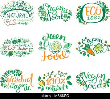 Vecteur Eco labels biologiques, bio pour emblèmes autocollants et restaurants la carte, des produits naturels de l'emballage. Sans gluten, végétalien, eco friendly cultivés localement s Illustration de Vecteur