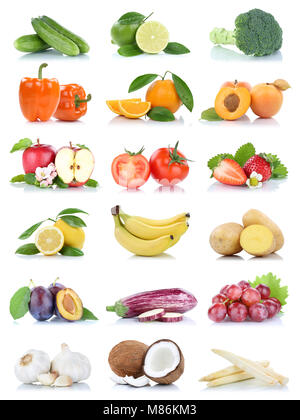 Fruits Fruits et légumes collection isolated apple orange citron tomates raisins couleurs sur un fond blanc Banque D'Images