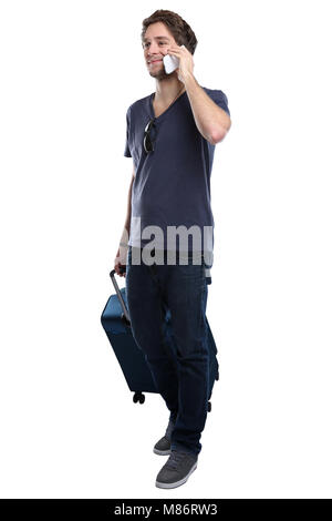 Jeune homme avec smart mobile pour téléphone intelligent voyager locations de vacances isolé sur fond blanc Banque D'Images