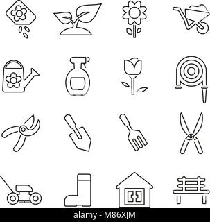 Outils et équipement de jardinage icônes fine ligne Vector Illustration Set Illustration de Vecteur