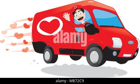 Funny courier la prestation d'un camion de l'amour. Saint Valentin et amour concept Illustration de Vecteur