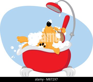 Un vecteur caricature représentant un chien mignon drôle de prendre un bain dans une baignoire et à l'aide d'un backscrubber - pet grooming concept Illustration de Vecteur