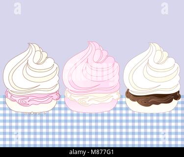 Un vecteur illustration en format eps 10 de trois desserts meringue douce avec diverses saveurs sur une nappe en vichy Illustration de Vecteur