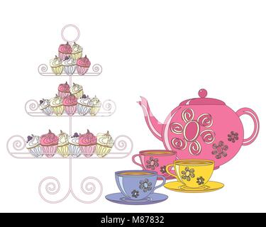Un vecteur illustration en format eps 10 d'une sélection de gâteaux fantaisie Théière et tasses à thé pour un thé l'après-midi sur un fond blanc Illustration de Vecteur