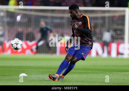 Barcelone, Espagne. 14 mars, 2018. Samuel Umtiti au cours de la Ligue des Champions, huitièmes de finale, 2ème leg match de football entre le FC Barcelone et Chelsea FC le 14 mars 2018 au Camp Nou à Barcelone, Espagne - Photo Laurent Lairys / DPPI Crédit : Laurent Locevaphotos Lairys/agence/Alamy Live News Banque D'Images