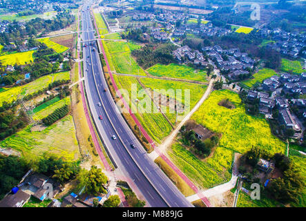 Chengdu, Chengdu, Chine. Mar 15, 2018. Chengdu, Chine 15e Mars 2018 : photographie aérienne de champs de colza à Chengdu, dans le sud-ouest de la province chinoise du Sichuan. Crédit : SIPA Asie/ZUMA/Alamy Fil Live News Banque D'Images