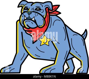Illustration de ligne mono avec bandana bulldog shérif et d'un insigne qui montent la garde sur fond isolé fait en style monolines. Illustration de Vecteur