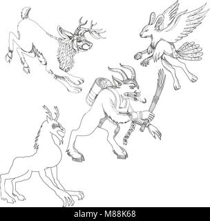 Une collection d'art doodle illustrations qui inclut les créatures mythiques du folklore ; légende jackalope, skraver krampus, wendigo, et Illustration de Vecteur