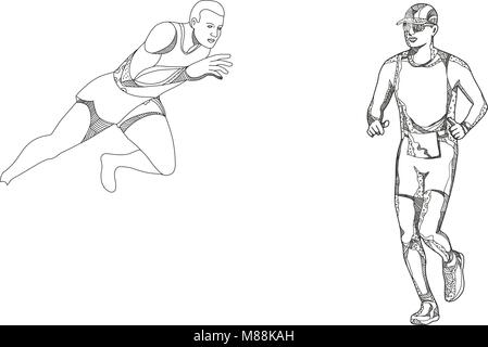 Une collection d'art doodle illustrations qui inclut les sports, athlétisme, marathon runner runner, triathlète ou parcours d'ra Illustration de Vecteur