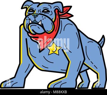 Illustration de ligne mono avec bandana bulldog shérif et d'un insigne qui montent la garde sur fond isolé fait en style monolines. Illustration de Vecteur