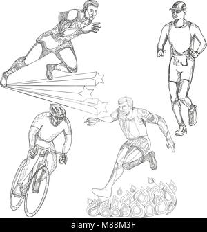 Une collection d'art doodle illustrations qui inclut les sports, athlétisme, marathon runner runner, triathlète ou parcours d'ra Illustration de Vecteur