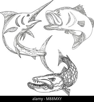 Une collection d'illustrations art doodle qui comprend les éléments suivants, blue marlin, asiatique ou loup de mer barracuda barramundi et mandalas en noir et blanc Illustration de Vecteur