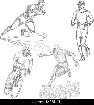 Une collection d'art doodle illustrations qui inclut les sports, athlétisme, marathon runner runner, triathlète ou parcours d'ra Illustration de Vecteur