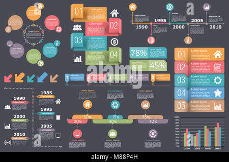 Ensemble d'éléments - Infographie - diagramme circulaire, les échéanciers, les flèches, diagramme avec des pourcentages, le graphique à barres, des objets avec des nombres (étapes ou options) et le texte, v Banque D'Images