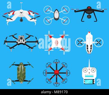 Ensemble de drones aériens modernes, quadrocopters et télécommande. Sciences et technologies modernes. Vector illustration. Robot radio ou un avion avec une caméra dans l'air. Les systèmes d'innovation et de l'évolution. Illustration de Vecteur