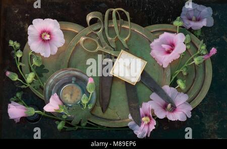 Encore l'art la vie avec deux ciseaux rouillés avec bras d'or blanc, un réveil, des plaques de cuivre et de fleurs et boutons de rose de luxe, l'intérieur du cadre Banque D'Images