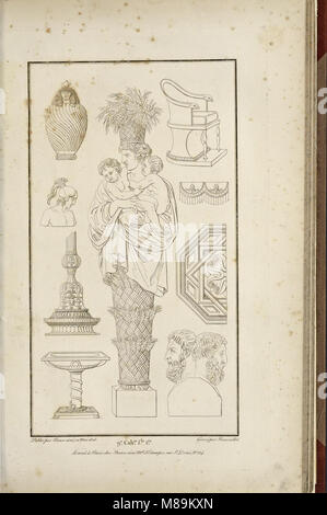 Cette œuvre française du XVIIIe siècle présente des fragments d'architecture, de sculpture et de peinture dans le style ancien, en se concentrant sur les détails de décoration intérieure et extérieure des bâtiments. Banque D'Images