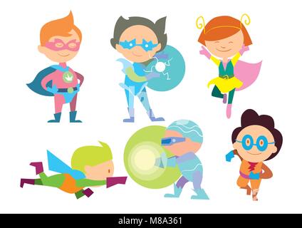 Super Héros enfants garçons et filles cartoon vector Illustration de Vecteur