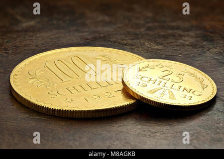 Schilling autrichien et 25 100 pièces d'or sur fond de bois rustique Banque D'Images